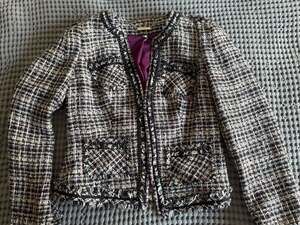 White House Black Market Purple and Black Shimmer Tweed Fringe Trophy Jacket
